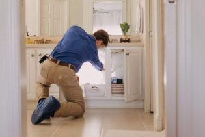 A person wearing a blue shirt and khaki pants kneels on the floor in front of an open cabinet under a sink, possibly performing maintenance or repairs.