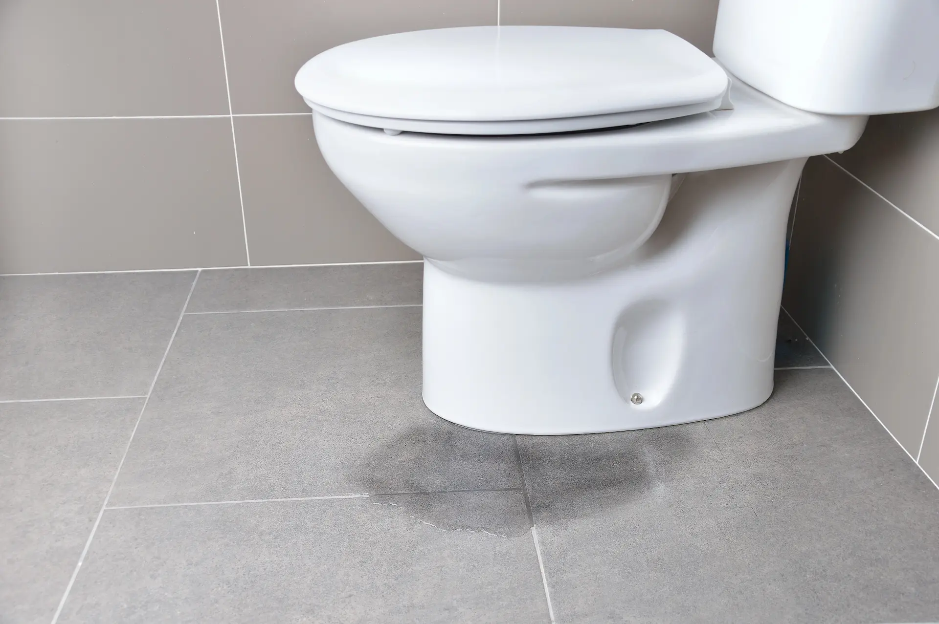 A toilet with water leaking onto the tiled floor.
